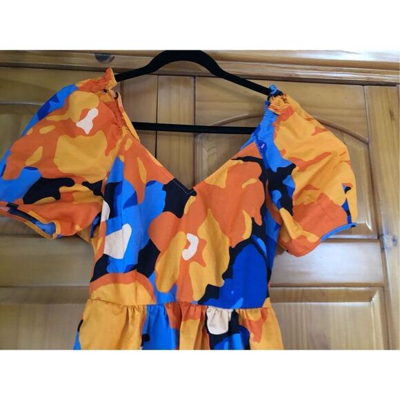 Tabitha Brown Tropical Floral Print Puff Sleeve Tie-Back Midi Dress SZ 4 - Picture 4 of 12